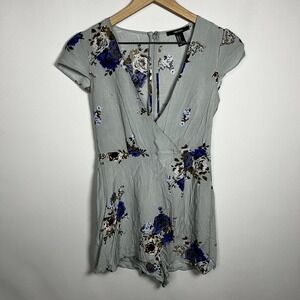 Forever‎ 21 Romper Women Size Small Blue Floral Wrap Front Short Sleeve Zip Back